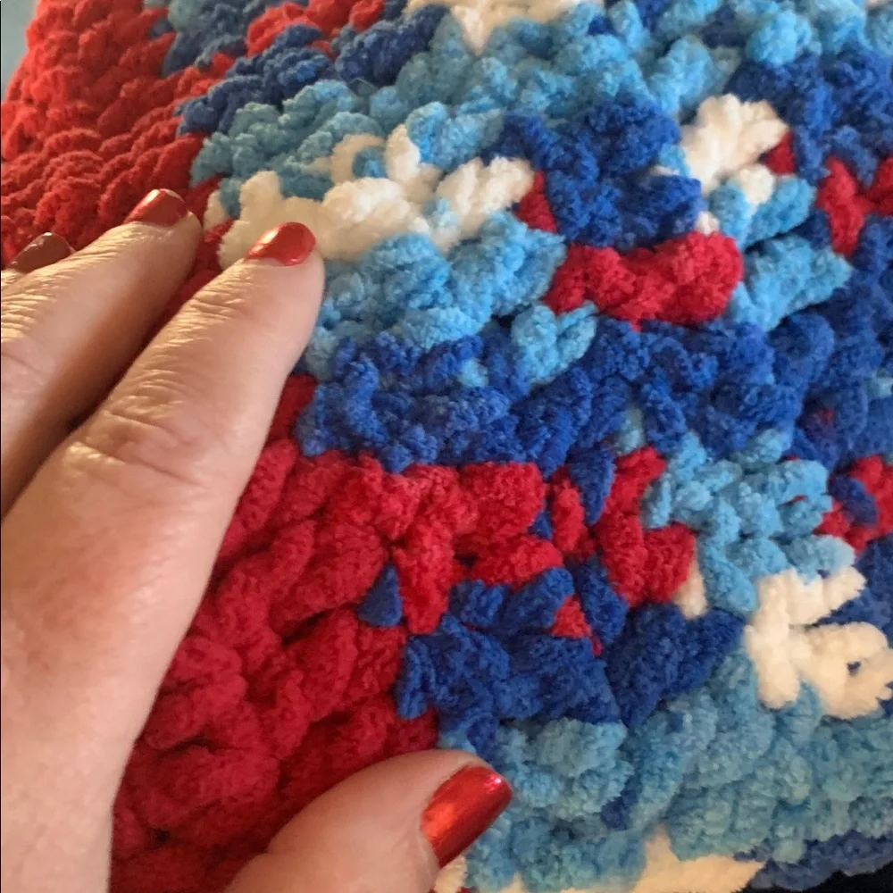 Colorful Red White Blue Handmade Crochet Blanket Afghan Apprx. 50x52 inches - Picture 14 of 16